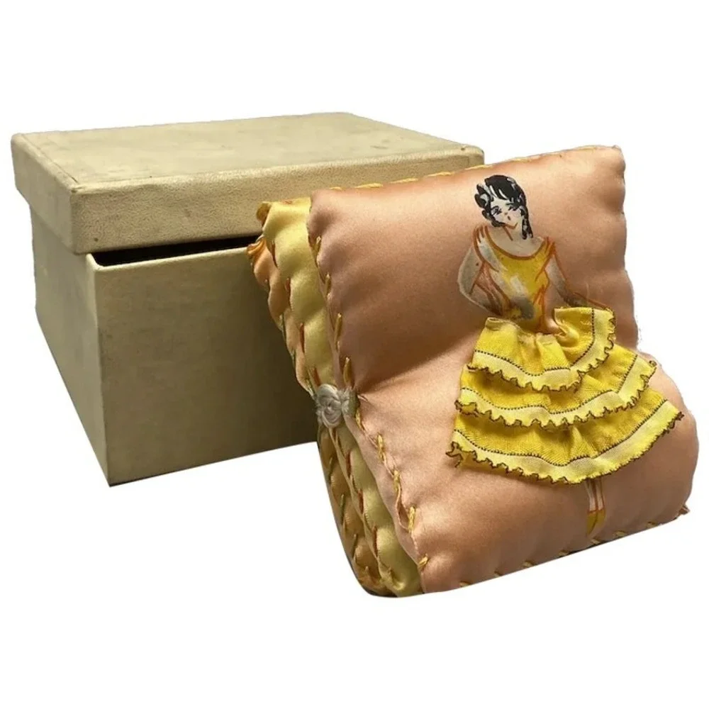 Vintage Handpainted Pillow Style Pincushion Girl‎ Ruffled Dress AS IS